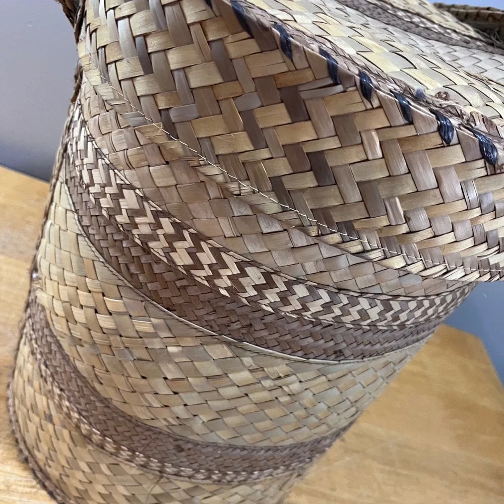 Vtg Hand Woven Pandanus Leaf Basket Lid Handle Lined Boho Tropical Tribal Decor‎